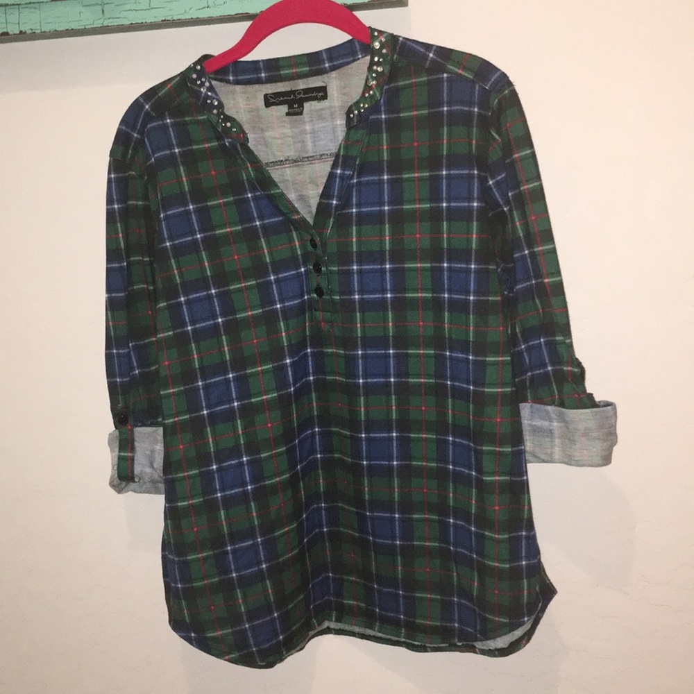 French Laundry blouse in green plaid